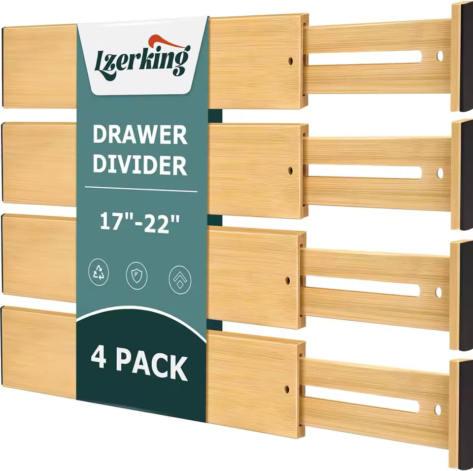 Adjustable Bamboo Drawer Dividers 4-Pack - Expandable 17 to 22 Inch Organizers