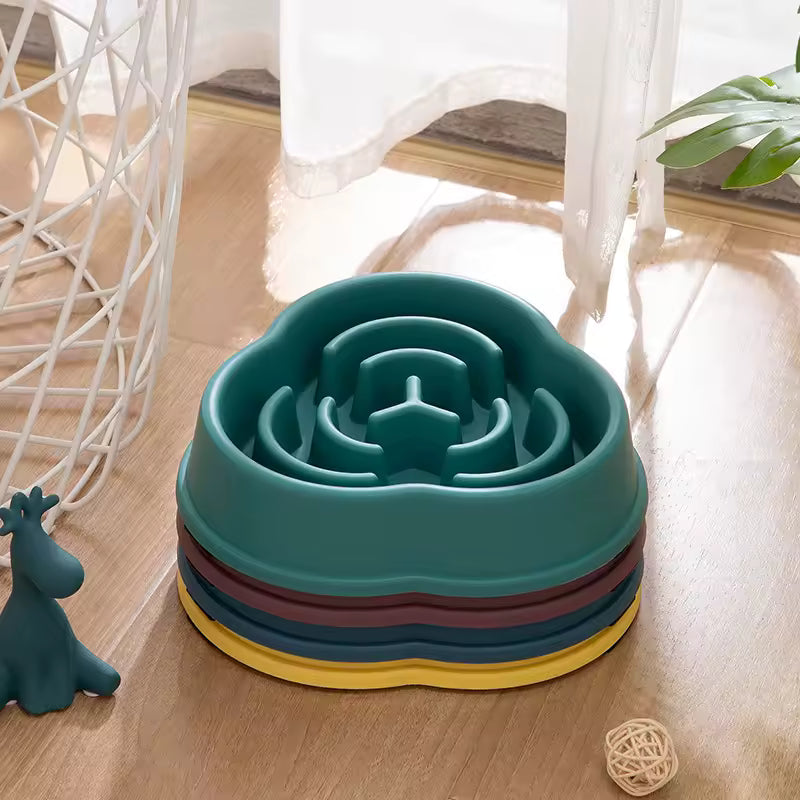 Medium purple slow feeder dog bowl with raised maze pattern